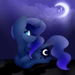 Size: 830x831 | Tagged: safe, artist:rosswelm, princess luna, g4, female, happy, moon, night, prone, smiling, solo