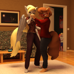 Size: 2000x2000 | Tagged: safe, artist:tahublade7, derpy hooves, dinky hooves, twist, oc, oc:trissie, earth pony, pegasus, unicorn, anthro, plantigrade anthro, g4, 3d, barefoot, canterlot, crossover, dancing, daz studio, doctor eggman, feet, female, filly, furniture, glasses, high res, male, mare, picture, sega, smiling, sonic the hedgehog (series), table, when you see it