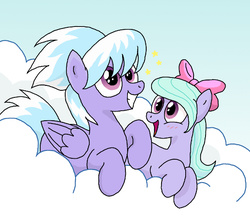 Size: 602x521 | Tagged: safe, artist:manulis, cloudchaser, flitter, pegasus, pony, g4, blushing, bow, cloud, female, folded wings, grin, hair bow, happy, looking up, mare, on a cloud, open mouth, prone, sky, smiling