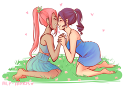 Size: 1867x1293 | Tagged: safe, artist:mlp-hearts, fluttershy, rarity, human, g4, barefoot, blushing, clothes, dark skin, dress, eyes closed, feet, female, flower, grass, grin, heart, holding hands, humanized, imminent kissing, kneeling, lesbian, ship:flarity, shipping, smiling