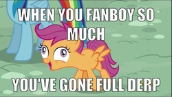 Size: 400x225 | Tagged: safe, rainbow dash, scootaloo, g4, my little pony: friendship is magic, newbie dash, derp, exploitable meme, fanboys, i didn't listen, image macro, meme