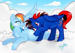 Size: 1280x905 | Tagged: safe, artist:dawnallies, rainbow dash, oc, pegasus, pony, g4, canon x oc, cloud, cute, dashabetes, on a cloud, preggo dash, pregnant, shipping