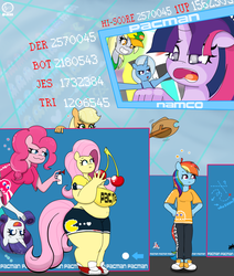 Size: 1100x1300 | Tagged: safe, artist:jessesmash32, applejack, derpy hooves, fluttershy, pinkie pie, rainbow dash, rarity, trixie, twilight sparkle, anthro, plantigrade anthro, g4, :3, belly, belly button, breasts, busty fluttershy, chubby, fat, fattershy, female, pac-man, smiling