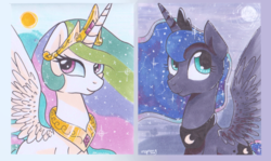 Size: 899x535 | Tagged: safe, artist:mapony240, princess celestia, princess luna, g4, spread wings, traditional art