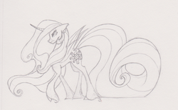 Size: 2548x1569 | Tagged: safe, artist:nakijan, princess celestia, alicorn, pony, g4, female, mare, monochrome, solo, traditional art