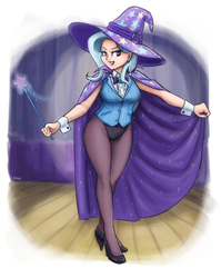 Size: 1021x1280 | Tagged: safe, artist:king-kakapo, trixie, human, g4, cape, clothes, female, grin, hat, high heels, humanized, leotard, looking at you, magician outfit, pantyhose, smiling, solo, trixie's cape, trixie's hat, wand