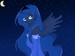 Size: 1600x1200 | Tagged: safe, artist:taisialazurenko, princess luna, human, g4, clothes, dress, female, horn, horned humanization, humanized, moon, pony coloring, solo, winged humanization