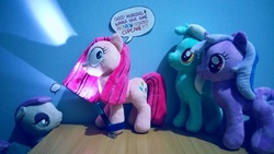 Size: 4128x2322 | Tagged: safe, artist:onlyfactory, lyra heartstrings, maud pie, pinkie pie, sea swirl, seafoam, g4, ..., bootleg, flashlight (object), irl, photo, pinkamena diane pie, plushamena, plushie, speech bubble