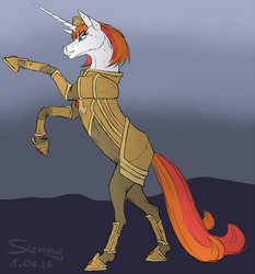 Size: 900x966 | Tagged: safe, artist:sunny way, oc, oc only, horse, pony, unicorn, rcf community, armor, clothes, colored, colored sketch, cute, female, fight, glare, gritted teeth, hat, horseshoes, mare, patreon, rearing, sketch, solo, uniform, warrior