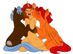 Size: 1600x1200 | Tagged: safe, artist:dragonfoxgirl, oc, oc only, oc:any pony, oc:goldenfox, oc:keyframe, pony, female, goldenkey, kissing, male, simple background, straight, transparent background, trio