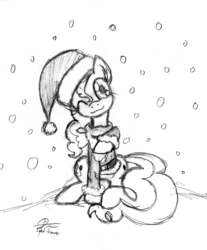 Size: 1752x2112 | Tagged: safe, artist:leadhooves, pinkie pie, g4, christmas ponies, clothes, cute, female, hat, monochrome, santa costume, santa hat, snow, snowfall, solo