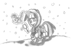 Size: 3450x2400 | Tagged: safe, artist:leadhooves, twilight sparkle, g4, clothes, female, magic, magnifying glass, monochrome, quill, saddle, scarf, snow, snowfall, solo