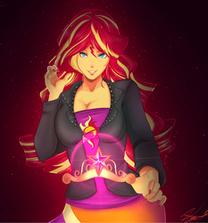 Size: 1400x1500 | Tagged: safe, artist:invader-celes, sunset shimmer, equestria girls, g4, breasts, busty sunset shimmer, cleavage, crown, element of magic, female, magic, nail polish, solo