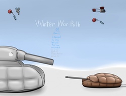 Size: 1280x983 | Tagged: safe, artist:the-furry-railfan, oc, oc only, oc:featherweight, oc:night strike, pegasus, pony, bomb, cannon, clothes, flying machine, outdoors, ratte, snow, solo, story, t28, tank (vehicle), title page, weapon