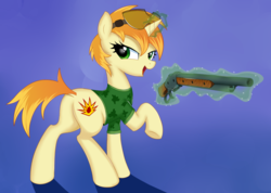 Size: 1059x754 | Tagged: safe, artist:kas92, oc, oc only, oc:high impact, pony, butt, clothes, female, goggles, gun, m1887, mare, plot, sexy, shotgun, solo, tank top, weapon, winchester model 1887