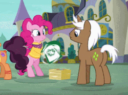 Size: 409x306 | Tagged: safe, screencap, mochaccino, pinkie pie, rare find, saffron masala, earth pony, pony, unicorn, g4, spice up your life, animated, bipedal, butt, duo focus, female, male, mare, offscreen character, plot, sign spinning, stallion
