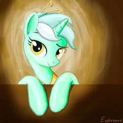 Size: 2480x2480 | Tagged: safe, artist:euphreana, lyra heartstrings, pony, unicorn, g4, alternate hairstyle, female, hair bun, kanzashi, looking at you, smiling, solo