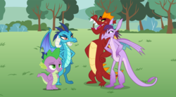 Size: 1024x567 | Tagged: safe, artist:3d4d, garble, princess ember, prominence, spike, dragon, g4, double date, female, male, ship:emberspike, ship:garbinence, shipping, straight