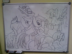 Size: 2048x1536 | Tagged: artist needed, safe, applejack, berry punch, berryshine, derpy hooves, rainbow dash, twilight sparkle, pegasus, pony, g4, female, irl, iwo jima, mare, monochrome, parody, photo, russian, traditional art, traffic light, whiteboard