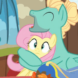 Size: 336x336 | Tagged: safe, screencap, fluttershy, zephyr breeze, pegasus, pony, flutter brutter, g4, animated, brother and sister, cute, duo, female, fluttershy is not amused, hug, male, mare, siblings, stallion, zephyrbetes