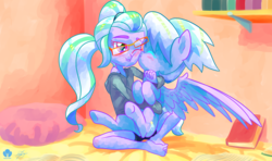 Size: 1920x1136 | Tagged: safe, artist:halem1991, cloudchaser, sugarcoat, pegasus, pony, equestria girls, g4, my little pony equestria girls: friendship games, :<, :i, barefoot, bed, blushing, clothes, cuddling, cute, duo, eyes closed, feet, female, glasses, halem1991 is trying to murder us, holding a pony, hoodie, hug, interlocked toes, lidded eyes, mare, nose wrinkle, nuzzling, one eye closed, shorts, signature, sitting, smiling, spread wings, squishy cheeks, toes, unamused, underhoof, wink