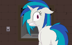 Size: 640x400 | Tagged: safe, artist:herooftime1000, dj pon-3, vinyl scratch, pony, unicorn, octavia in the underworld's cello, g4, butt, dungeon, female, looking at you, looking back, looking back at you, mare, pixel art, plot, scared, shock, solo, teeth