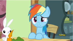 Size: 1279x719 | Tagged: safe, screencap, angel bunny, rainbow dash, pegasus, pony, flutter brutter, g4, carrot, chair, cute, dashabetes, discovery family logo, female, food, mare, sitting