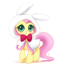 Size: 2000x2000 | Tagged: safe, artist:exceru-karina, fluttershy, pony, g4, blushing, bowtie, bunny costume, bunny hood, bunnyshy, cape, clothes, costume, cute, female, high res, looking at you, mare, shyabetes, simple background, smiling, solo, standing, turned head, white background