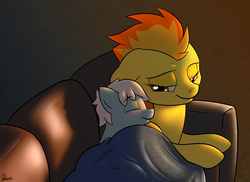 Size: 2152x1564 | Tagged: safe, artist:dmann892, spitfire, oc, g4, anoncolt, blanket, canon x oc, couch, cuddling, cute, fanfic art, female, male, shipping, sleeping, smiling, snuggling, straight, straight shota, summer on fire