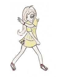 Size: 844x1043 | Tagged: source needed, safe, anonymous artist, fluttershy, human, g4, clothes, feet, female, humanized, sandals, skirt, solo, traditional art