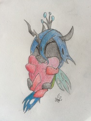 Size: 2448x3264 | Tagged: safe, artist:professionalpuppy, queen chrysalis, changeling, g4, clothes, cute, cutealis, female, heart, high res, nom, socks, solo, traditional art