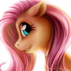 Size: 750x750 | Tagged: safe, artist:cosmalumi, fluttershy, pony, g4, bust, female, floppy ears, looking at you, mare, portrait, profile, smiling, solo