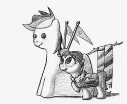 Size: 1774x1457 | Tagged: safe, artist:shoeunit, rainbow dash, scootaloo, pegasus, pony, g4, clothes, grayscale, hat, jacket, monochrome, snowmare, snowpony, solo, traditional art
