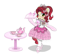 Size: 2500x2200 | Tagged: safe, artist:avchonline, cherry jubilee, pony, semi-anthro, g4, ballet slippers, bipedal, blushing, bow, canterlot royal ballet academy, clothes, dress, evening gloves, female, frilly dress, gloves, hair bow, heart, high res, jewelry, lace, makeup, necklace, pearl necklace, pinafore, puffy sleeves, solo, stockings, table, teacup, teapot, tiara, tutu, wink