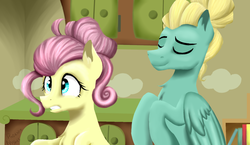 Size: 1500x871 | Tagged: safe, artist:phoenixnyshes, fluttershy, zephyr breeze, pegasus, pony, flutter brutter, g4, alternate hairstyle, brother and sister, duo, female, male, mare, scene interpretation, siblings, stallion
