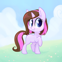Size: 3000x3000 | Tagged: source needed, safe, artist:meekcheep, oc, oc only, oc:violet rose, pony, unicorn, blank flank, blue eyes, brown mane, cloud, commission, cute, ear fluff, female, field, filly, flower, grass, happy, high res, pink mane, smiling, solo, two toned hair, young