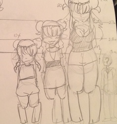 Size: 1530x1613 | Tagged: safe, artist:/d/non, oc, oc only, oc:anon, oc:ariana, satyr, age progression, giantess, height difference, monochrome, offspring, parent:arimaspi, traditional art