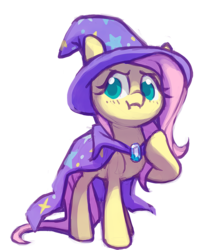 Size: 848x1022 | Tagged: safe, artist:dawnfire, fluttershy, trixie, pony, unicorn, g4, accessory swap, blushing, clothes, colored pupils, cosplay, costume, female, hat, mare, scrunchy face, simple background, solo, the great and powerful, transparent background, trixie's cape, trixie's hat, wizard hat