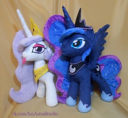 Size: 1394x1280 | Tagged: safe, artist:1stastrastudio, princess celestia, princess luna, princess molestia, g4, irl, photo, plushie, spread wings, tongue out