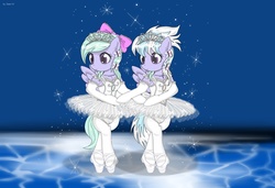 Size: 3500x2400 | Tagged: safe, artist:avchonline, cloudchaser, flitter, butterfly, pegasus, semi-anthro, g4, ballerina, ballet, ballet slippers, bipedal, bow, canterlot royal ballet academy, clothes, cute, cutechaser, dance of the little swans, dancing, dress, duo, evening gloves, female, flitterbetes, frilly dress, gloves, hair bow, high res, mare, sparkles, swan lake, tiara, tights, tutu