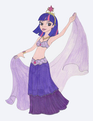 Size: 900x1177 | Tagged: safe, artist:zellykat, twilight sparkle, human, g4, armpits, belly button, belly dancer, belly dancer outfit, crown, ear piercing, female, humanized, jewelry, midriff, piercing, regalia, solo, traditional art