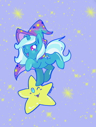 Size: 900x1200 | Tagged: safe, artist:ask-molestia, trixie, pony, unicorn, g4, cute, female, happy, mare, open mouth, raised hoof, raised leg, smiling, solo, stars, tangible heavenly object, wink