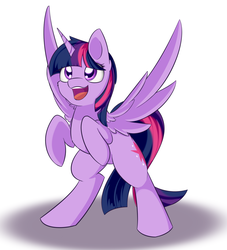 Size: 1024x1128 | Tagged: safe, artist:dusthiel, twilight sparkle, alicorn, pony, g4, cute, female, fluffy, happy, horn, looking up, mare, open mouth, open smile, rearing, smiling, solo, spread wings, twilight sparkle (alicorn)