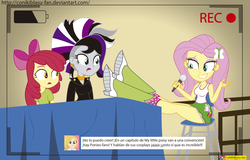 Size: 2543x1629 | Tagged: safe, artist:conikiblasu-fan, apple bloom, fluttershy, zecora, innocence.mov, equestria girls, g4, boots, breasts, clothes, convention, crossed legs, equestria girls interpretation, equestria girls-ified, female, legs, maggie vera, microphone, open mouth, recorder, recording, scene interpretation, skirt, skirt lift, socks, spanish, stupid sexy fluttershy, tank top, thighs, translated in the description