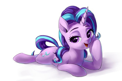 Size: 1224x814 | Tagged: safe, artist:luciferamon, starlight glimmer, pony, unicorn, g4, cute, female, glimmerbetes, hoof on cheek, lidded eyes, looking at you, mare, open mouth, prone, simple background, smiling, solo, white background