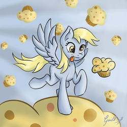 Size: 3024x3024 | Tagged: safe, artist:gaelledragons, derpy hooves, pegasus, pony, g4, female, flying, food, high res, mare, muffin, solo, that pony sure does love muffins, tongue out