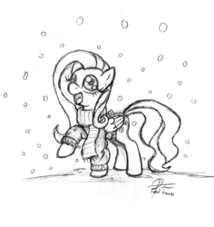 Size: 1728x1831 | Tagged: safe, artist:leadhooves, fluttershy, pegasus, pony, g4, christmas ponies, clothes, female, mare, monochrome, rearing, scarf, snow, snowfall, solo, sweater, sweatershy