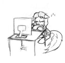 Size: 1704x1648 | Tagged: safe, artist:leadhooves, oc, oc only, oc:sleepyhead, computer, monochrome, sleeping, snoring, solo, zzz