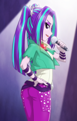 Size: 660x1030 | Tagged: safe, artist:ta-na, aria blaze, equestria girls, g4, clothes, female, hand on hip, looking at you, looking back, looking back at you, microphone, open mouth, pants, solo