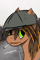 Size: 1436x2144 | Tagged: safe, oc, oc only, oc:mythril strider, cap, cigarette, clothes, hat, looking at you, smoking, solo, street